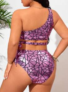 SHEIN Swim Curve Plus Size Women 2pcs Set Gold Foil One Shoulder Split High Waist Triangle Bikini Swimwear For Summer Beach Vacation - Multicolor - View 2