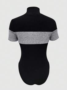 SHEIN Privé Body ajustado y estriado con bloqueo de color y cuello para mujer - Gris - Ver 3