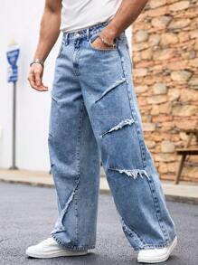 Manfinity LEGND Men's Blue Loose Wide Leg Frayed Hem Baggy Jeans