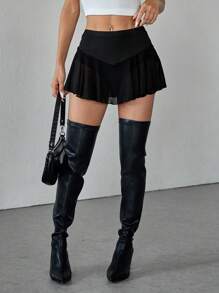 SHEIN PETITE Shorts mini plisados de unicolor para mujer, estilo minimalista adecuado para el verano - Negro - Ver 6