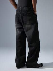 NEON BLANC 男士街头时尚宽松编织黑色牛仔长裤 - 黑色 - 查看 4