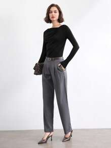 BizChic 2025 夏季新款不对称镂空不对称肩部褶皱长袖女衬衫，适合商务、休闲、日常、海滩、婚礼嘉宾、音乐节、早午餐、机场等场合 - 黑色 - 查看 3