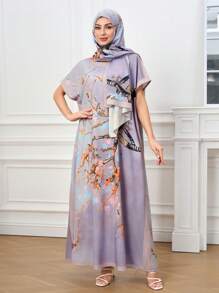 Al Najma Damen Fledermausärmel elegantes Blumenprint Arabischer Stil Kleid Damen Abendkleid Damen Maxikleider Damen Sommerkleider Damen Blumenkleid Damen Kleider in Große Größen - Grauviolett - Übersicht 4