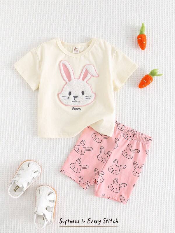 Cozy Pixies 2pcs Baby Girl Cute Rabbit Print Knitted Soft Round Neck Dropped Shoulder Short Sleeve Top & Elasticated Waist Shorts Set