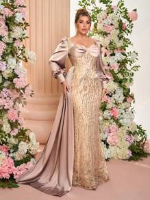 Glamrae 加大码优雅奢华香槟色长袖缎面拼布刺绣蕾丝亮片鱼尾裙，带侧褶，性感露背系带，适合婚礼、单身派对、度假、宴会、婚礼宾客礼服、正式礼服、晚礼服、长袍 - 香檳色 - 查看 1