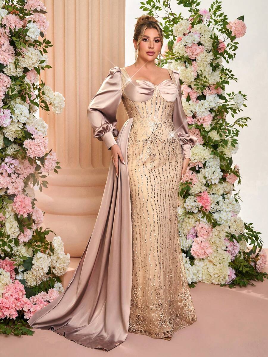 Glamrae 加大码优雅奢华香槟色长袖缎面拼布刺绣蕾丝亮片鱼尾裙，带侧褶，性感露背系带，适合婚礼、单身派对、度假、宴会、婚礼宾客礼服、正式礼服、晚礼服、长袍 - 香檳色 - 查看 1