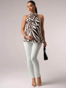 MaterniChic Summer Casual Zebra Print Maternity Halter Shirt