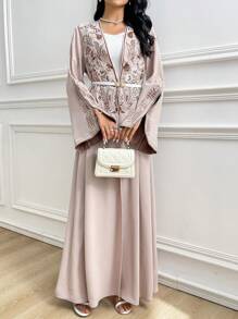 Al Najma Women's Elegant Floral Embroidery Slit Flare Sleeve Abaya Robe Open Abaya,Modest - Pink - View 4