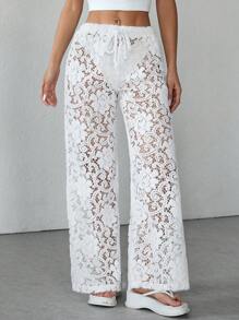 SHEIN PETITE Women's Jacquard Pattern Trousers, Simple And Fashionable For Summer - White - View 7
