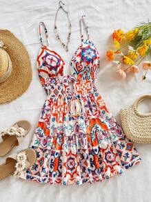 Soleia Women's Summer Vacation Style Colorful Sicilian Floral Print Hollow Back Layered Ruffle Hem Short Dress, Autumn,Sun Dress