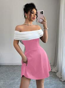 Elenzga Elegant Sleeveless Black & White Contrast Bowknot Back Design Waist Cinched A-Line Dress, Daily Commute Wear For Spring And Summer