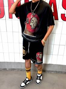 PAVTROS Manfinity Streetrush Men's Youthful Street Style, Featuring A High Street Niche With A Red Human Head Design. This Outfit Includes A Black Short-Sleeve T-Shirt And Shorts Set With Foam Print, Designed In A Relaxed Micro Stand-Up Collar And Slightly Batwing Sleeves. The Outfit Showcases A Black, Red, And Gold Color Contrast Design. It Makes An Excellent Gift Idea For Boyfriends Or Husbands, Embodying Streetwear With A Y2K Vibe ,Men Two Pieces Outfits ,Men Shorts Set Men Graphic Shorts Men Outfits Graphic Men Clothing Men T Shirt Co Ords - Black - View 4