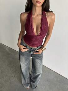 Aloruh 女士优雅简约时尚休闲街头通勤蕾丝纯色吊带背心性感火辣音乐节演唱会工作简约时尚吊带背心适合夏季、复活节、度假、伊比沙岛、乡村、办公室、毕业典礼、返校季、夏季上衣 - 酒紅色 - 查看 6