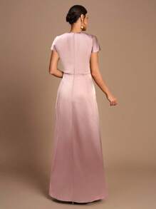 SHEIN Belle Váy phù dâu xẻ tà chữ A tay ngắn xếp nếp màu cà phê lãng mạn thanh lịch - Hồng - Xem 2