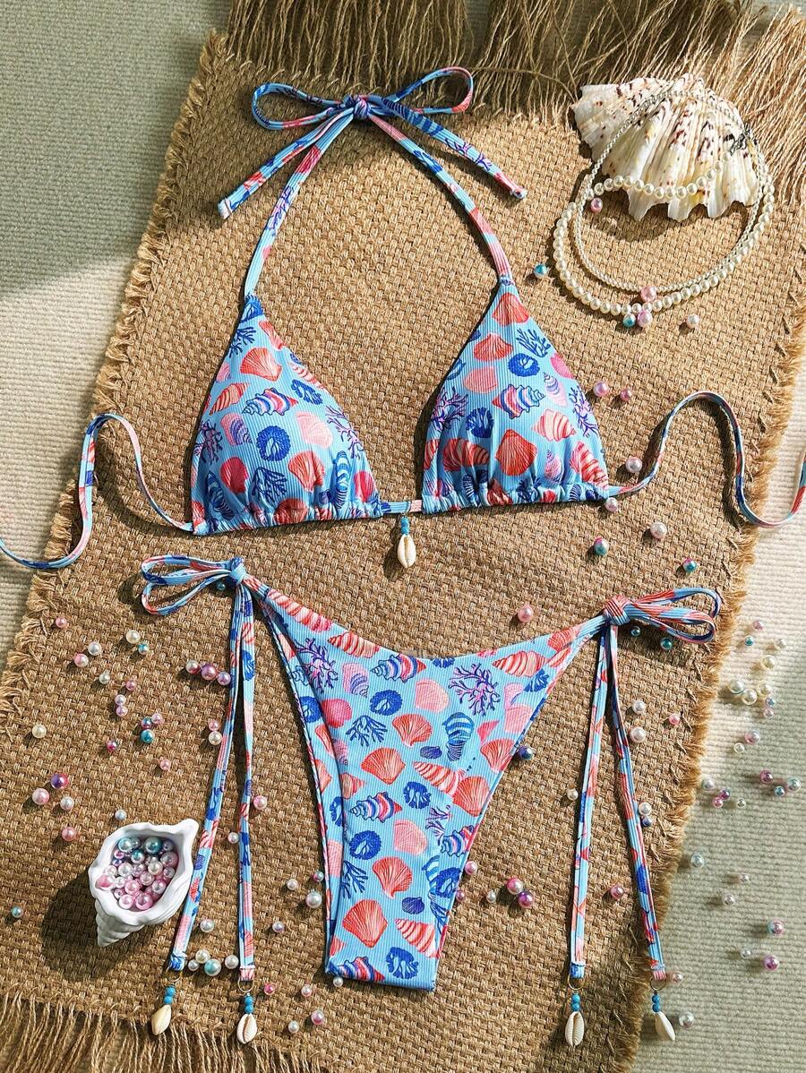 SHEIN 2 Stücke/Set Sommer Urlaubs Zufallsmuster Rippen Textur Dekor Muschelschale Trägertop und Seitenbindung Bikinihose Sexy Bikini Badeanzug Set - Verschiedenfarbig - Übersicht 1