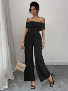 SHEIN Unity Women's Elegant Off Shoulder Ruffle Trim Sexy Hollow Out Textured Jumpsuit - Black - View 1