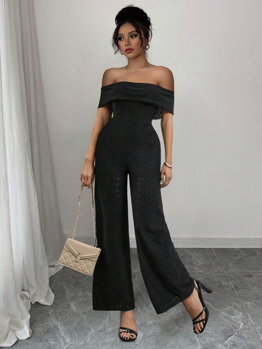 SHEIN Unity Women's Elegant Off Shoulder Ruffle Trim Sexy Hollow Out Textured Jumpsuit - Black - View 1