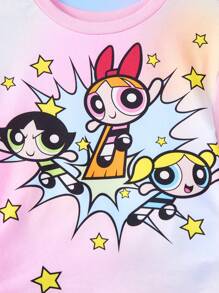 THE POWERPUFF GIRLS X SHEIN Tee-shirt à manches courtes pour bébé fille avec un joli motif de fleurs, de bulles et de boutons d'or en tie dye rose