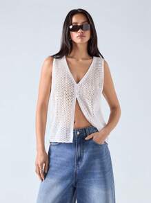 LYSMO Summer Casual Solid Color Hollow Out Knitted Sleeveless Top - White - View 4