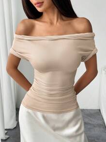 Chiquease Women Off Shoulder Turnup Hem Short Sleeve T-Shirt, Casual For Spring/Summer