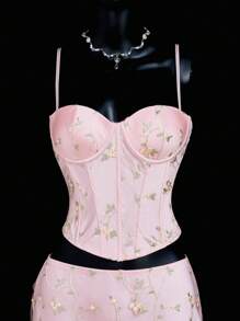 SHEIN ICON Palace-Style Embroidered Fabric Boned Bustier Top And Fish Tail Skirt 2 Pieces Set For Women - Pink - View 3