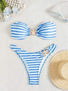 Swim Mod 2pcs Women Striped Colorful Unique Material Starfish Decor Bandeau Design Vacation Style Bikini Swimwear Set For Summer