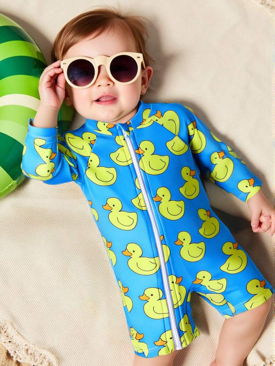 Newborn Zipper One-Piece Swimsuit, Cute Duck Print - Multicolor - View 1