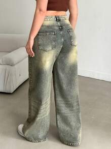 RueChic WOMEN PLUS SIZE HIGH WAIST RISE WIDELEG CUT VINTAGE WASH Wide Leg Jeans Women Jeans Wide Leg - Light Wash - View 2