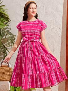 SHEIN 少女編織幾何圖案印花肩帶休閒連衣裙 - 玫紅色 - 查看 3