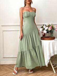 SHEIN VCAY 女式宽松编织纯色喇叭裙，适合春夏季度假，女士夏季服装，女士度假服装，女士复活节服装 - 綠色 - 查看 3