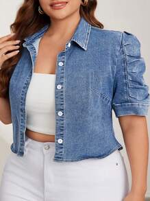 Áo khoác denim đơn hàng ngày tay bồng ngắn cỡ lớn dành cho nữ - Màu xanh lam - Xem 4