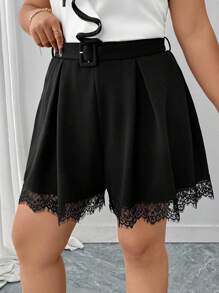 Ellevyn Curvy Plus Size Women's Black Simple Solid Color Casual Shorts With Lace Decoration For Summer,Shorts,Shorts For Women,Summer Shorts,High Waisted Shorts,High Waisted Shorts,Summer Outfits For Women,Vacation Outfits Woman,Summer Clothes,Business Casual Woman,Going Out ,Office Outfits For Women,Work Clothes Women,Old Money Style Women,Going Out Outfits - Black - View 6