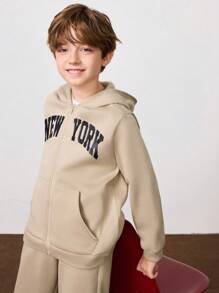 SHEIN Leap Crew Tween Boy Letter Graphic Zip Up Thermal Lined Hoodie & Sweatpants Without Tee - Apricot - View 4