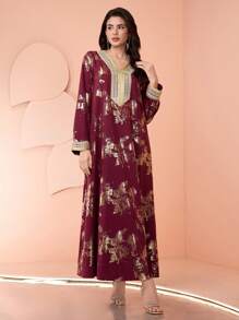 Al Najma Women's Metallic Floral Print Patchwork Belt Arabic Style Dress Women Dresses Elegant Gown Women Elegant Dresses Women Abaya Dress Women Dress Woman Dress Kaftan Jalabiya Dress - Burgundy - View 4