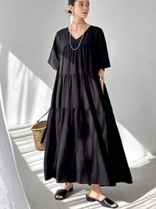 FRIFUL Women's Black Loose A-Line Dress, V-Neck Dolman Sleeve, For Summer,Ruffle