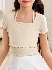 Tween Girls Ribbed Contrast Trim Mock Neck Peplum Hem Short Sleeve T-Shirt, Back To School Casual Versatile Top, Y2K Style, Mommy And Me Matching - Beige - View 3