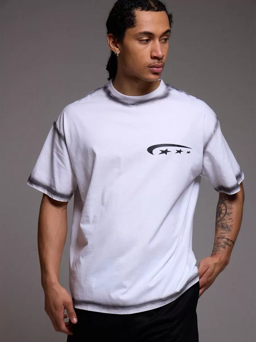 Musero Washed Oversized Star Graphic Print Short Sleeve T-Shirt - Apricot - View 1