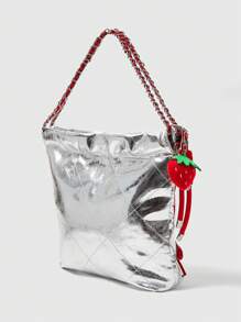 ROMWE Kawaii Fashionable Shiny PU Color-Blocking Bow Decor Drawstring Shoulder Bag For Women - Silver - View 3