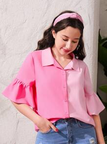 SHEIN Teen Girl Woven Color Block Shirt With Ruffled Collar And Loose Short Sleeves