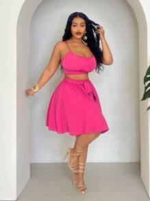 Slaydiva 2pcs Plus Size Women Casual Commuter Vest And A-Line Skirt Set