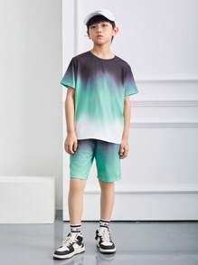 SHEIN Leap Crew Tween Boy Casual Comfortable Gradient Round Neck Short Sleeve Matching Gradient Shorts 2pcs/Set - Green - View 7