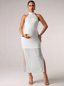 MaterniChic Pregnant Women's Sexy Off-Shoulder Long Sleeve Sequin Tight Party Dress, Spring/Summer - White - View 3