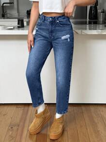 EURMUSE 100% Cotton HIGH RISE MOM CUT RIPPED WOMEN JEAN - Dark Wash - View 7