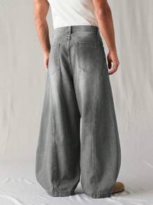 Chillumni Men's Light Blue Washed Loose Wide Leg Barrel Leg Jeans - Light Grey - View 2