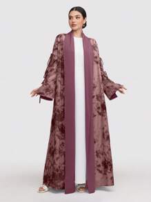 Al Najma 保守优雅的女士长款大理石印花系带拼接长袍，朴素 - 紅木色 - 查看 1