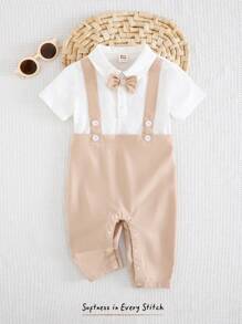 Cozy Pixies Baju Terusan Bayi Laki-laki dengan Kerah Peter Pan, Lengan Pendek, Motif Dasi Kupu-kupu Warna Kontras, Kasual & Serbaguna - MultiWarna - View 4