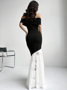 SHEIN Privé Vestido preto ombro à mostra novo com saia de retalhos de renda branca com flores, Vestido elegante feminino, adequado para temporada de casamento, vestido de dama de honra, festa, banquete, boate, passeio, volta às aulas e outras ocasiões, destacando sua beleza