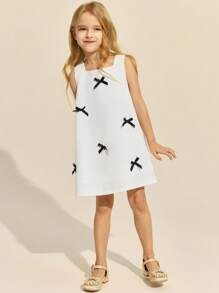 SHEIN Young Girls Solid Color Wide Strap Bow Decor Short Dress - White - View 3