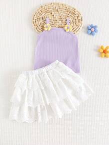 Cozy Pixies 2pcs/Set Baby Girl 3D Flower Knit Soft Camisole Top And Mesh Skirt Set