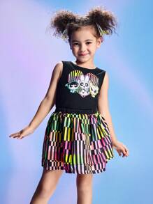 THE POWERPUFF GIRLS X SHEIN Young Girl 2pcs/Set Cartoon Cool Heart, Blossom, Bubbles, Buttercup Print Tank Top And Mini Skirt Set, Suitable For Spring& Summer,Concerts And Parties - Black - View 5